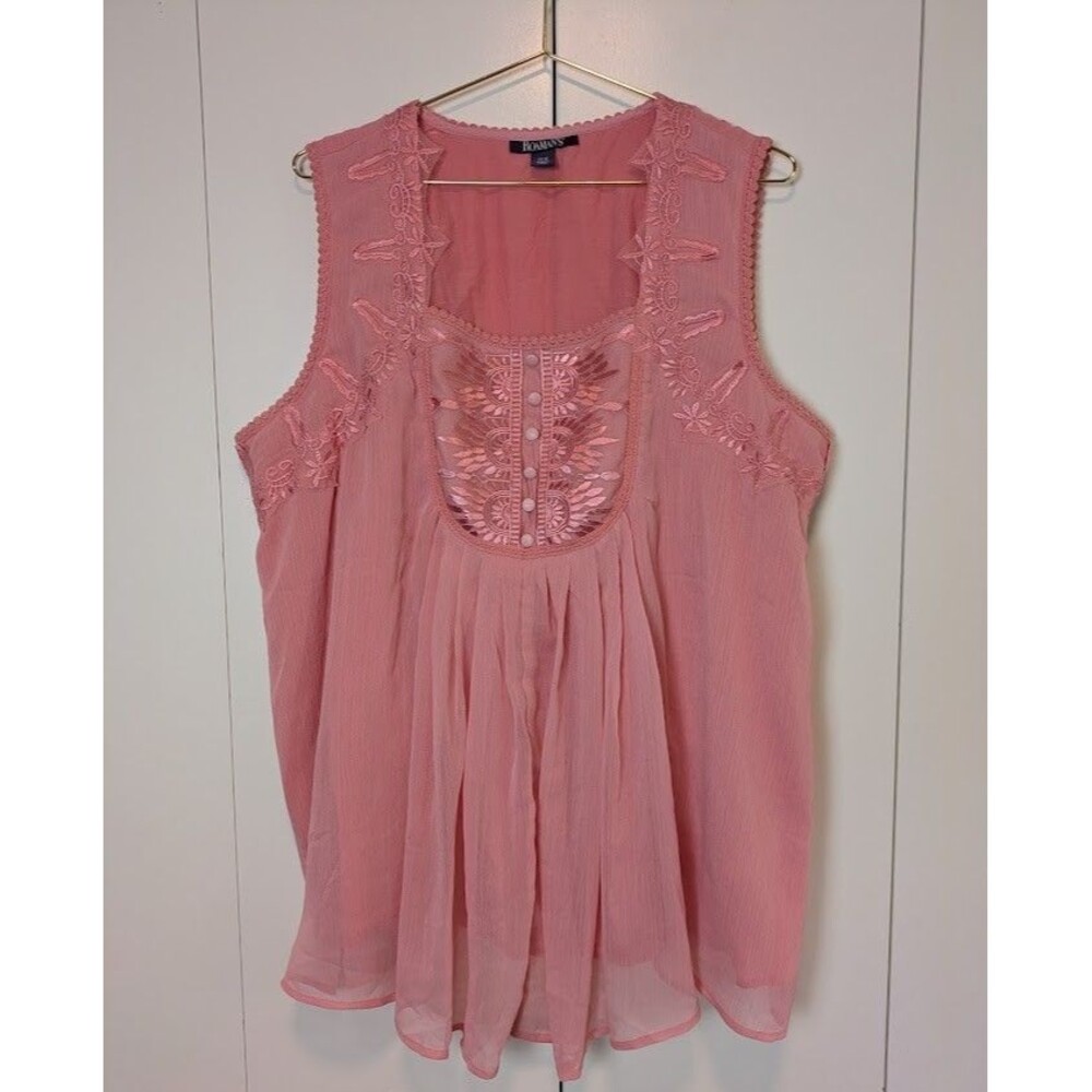 Roamans Womens 22W Sheer Lined Pink Floral Lace Pleated Tank Top Blouse